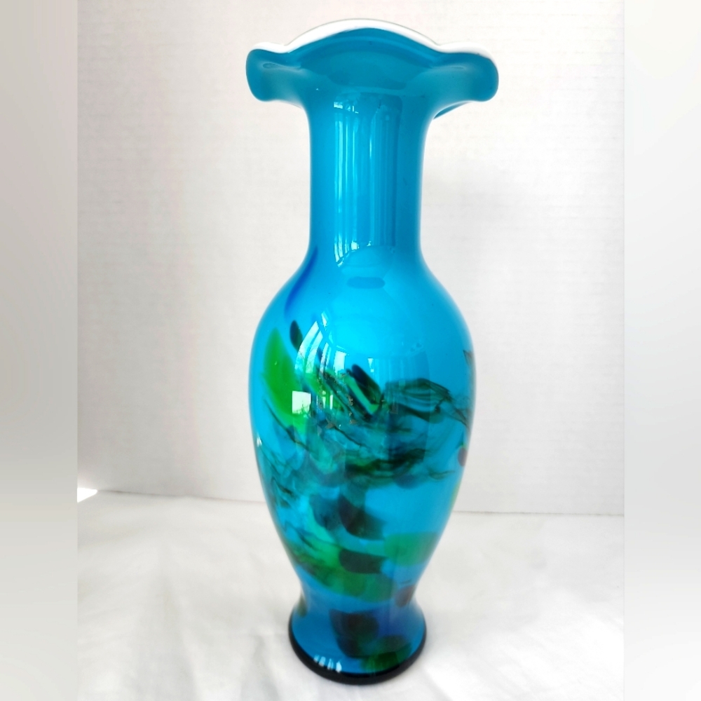 Handblown Art Glass Cased Vase Ruffle Rim Turquoise Blue Abstract 10" Tall White